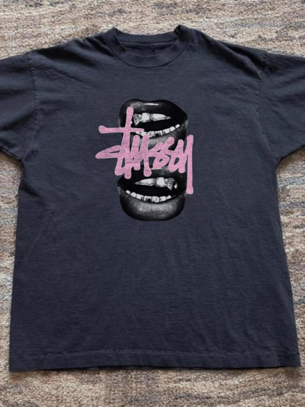 Stussy black graphic with pink lips t-shirt